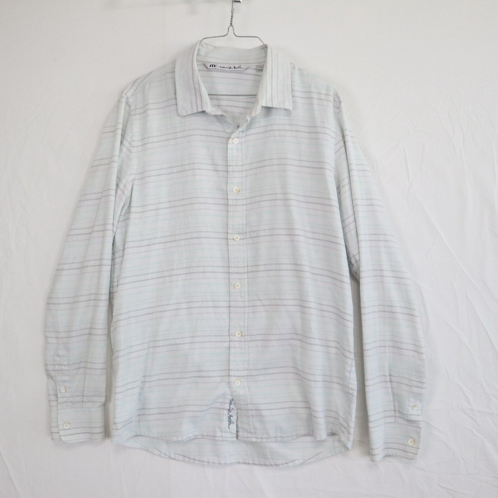 Travis Mathew Shirt Mens Medium Casual Button Up White Striped Long Sleeve